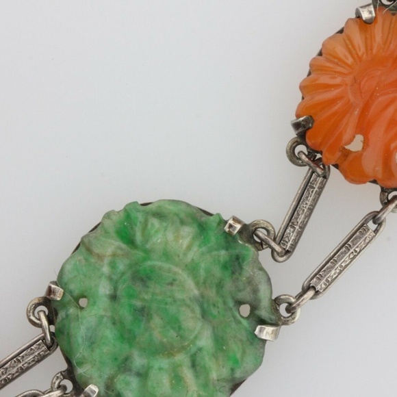 Sterling Silver Carved Floral Red Jadeite & Jade Hinged Bar Link Bracelet - 7.5" - Picture 2 of 8
